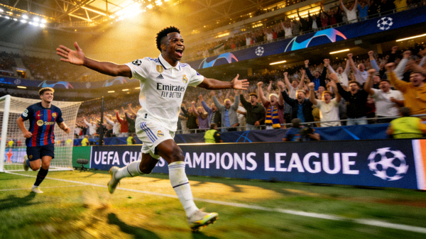 皇马对阵巴萨的欧冠比赛精彩瞬间 - 贝林厄姆庆祝进球